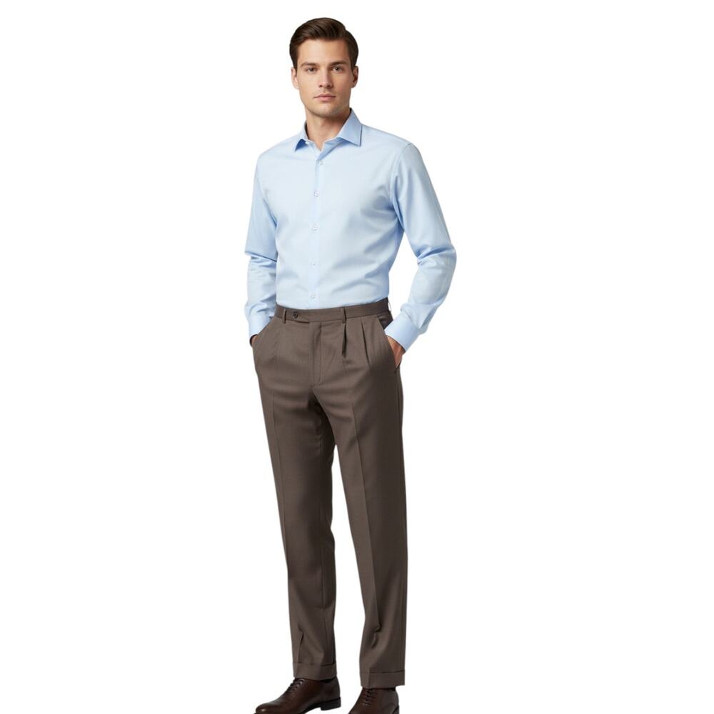 Mens 34x28 Brown Pleated Silky Cuffed Dress Pants Relaxed Straight Career Office - Picture 1 of 9